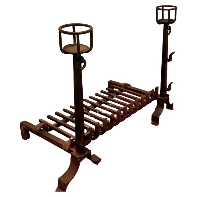 Large French Fire Grate Set on Iron Fire Dogs, 1800 For Sale