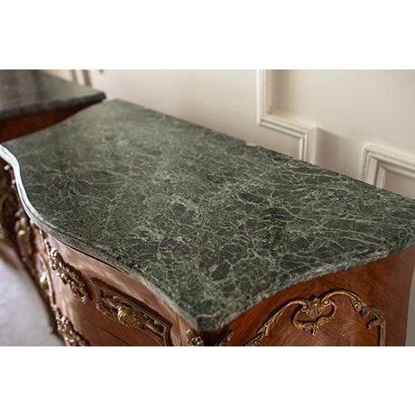 Pair Vintage French Louis XV Bombé Chests, Marble Top Commode Nightstands For Sale - Image 15 of 18