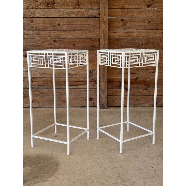 White Pair of Vintage Coastal Regency Greek Key Plant Stands For Sale - Image 8 of 12