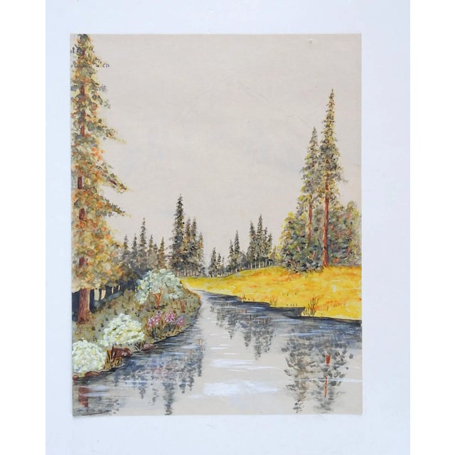 Rustic Riverside Evergreens Watercolor Painting For Sale - Image 3 of 3