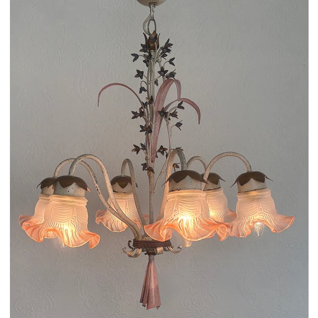 Vintage Italian White and Gold Patinated Metal and Glass Chandelier, 1970s For Sale - Image 4 of 15