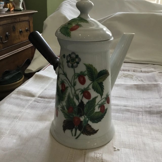 Porcelaine De Paris, Made in France Decor Les Fruits Sauvages. Coffee Pot with Wood Handle. White with strawberries and...