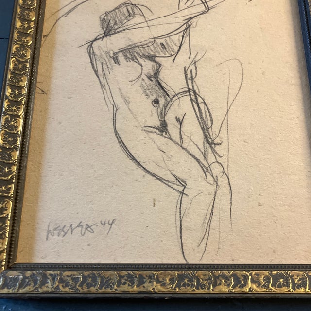 Original 8 x 10 charcoal study drawing on aged paper signed bottom left by Wesley Lea who showed his work at the Uptown...