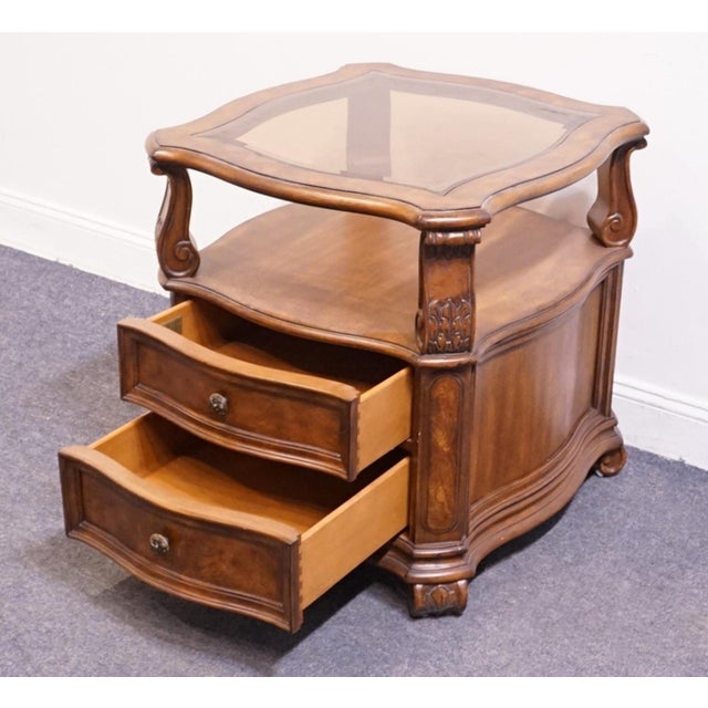 Brown Drexel Heritage Talavera Collection Walnut Contemporary Spanish Mediterranean 27" Square Glass Topped Accent End Table For Sale - Image 8 of 13