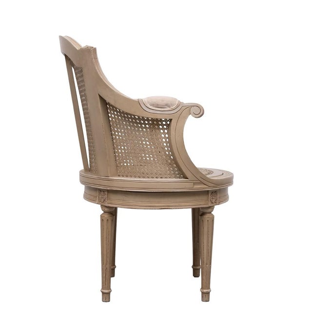 LOUIS XVI style Office Desk chair rotatable Molded, carved, grey/cream patinated wood, wood with a cane seat, decorated...