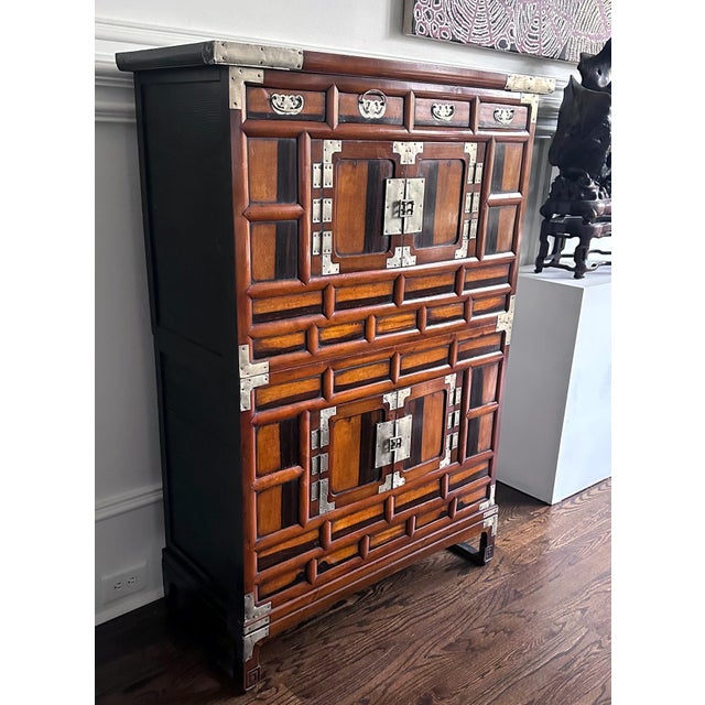 Brown Korean Two-Level Stacking Chests with Mirrored Persimmon Wood Panels For Sale - Image 8 of 12