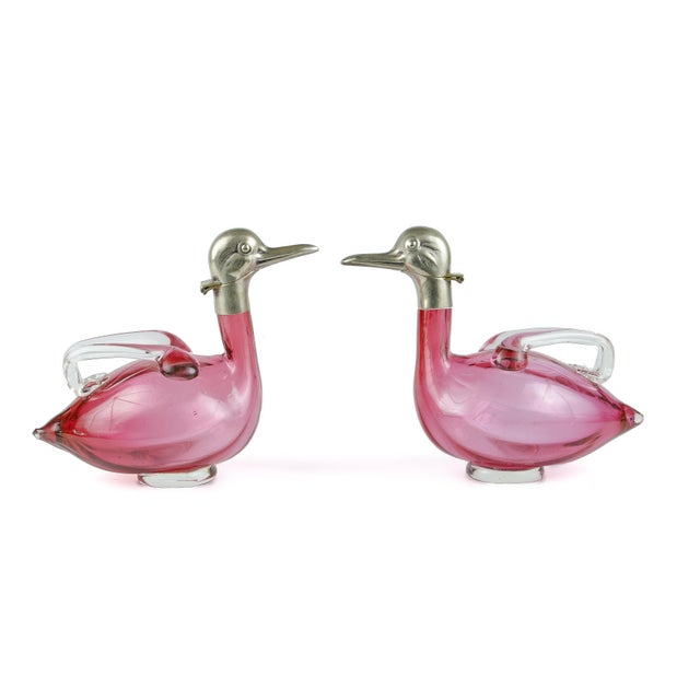 Pair of 1960s Silver-Plated and Deep Cranberry Pink Glass Figural Duck Claret Jugs, Czech Republic For Sale - Image 10 of 10