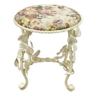 Vintage Italian Hollywood Regency White Metal Rope Floral Vanity Bench Stool For Sale