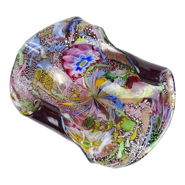 Murano AVeM Vintage Red Millefiori Flowers Silver Flecks Rainbow Ribbon Italian Art Glass Bowl For Sale