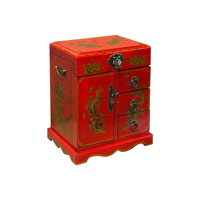 1990s Chinese Oriental Red Dragon Phoenix Mirror Rectangular Jewelry Box For Sale - Image 5 of 11