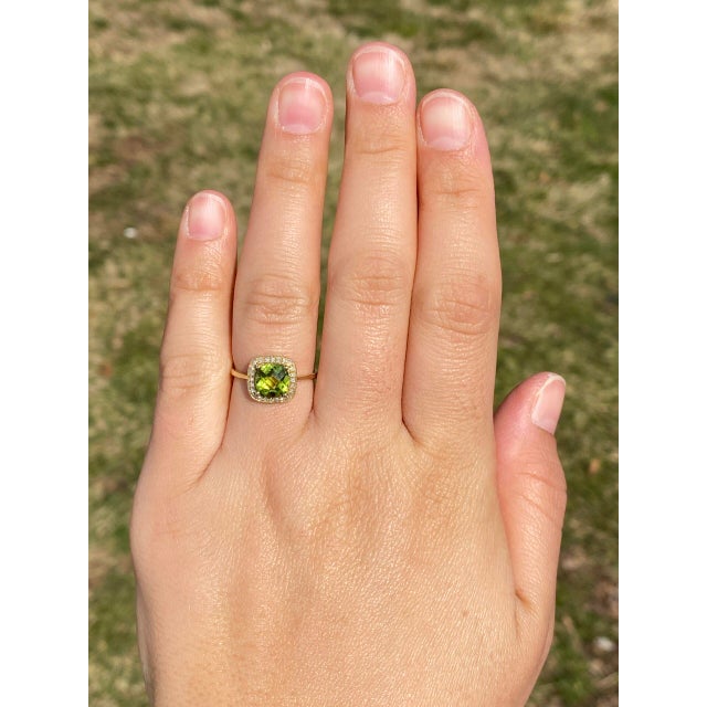 The Cryte: Checkerboard Peridot and Natural Diamond Halo Ring in Yellow Gold For Sale - Image 10 of 11