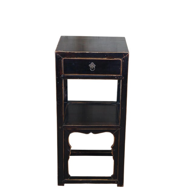 Late 19th Century Chinese Qing Dynasty Tiered Side Table or Sculpture Pedestal / Plant Stand. Made from elm with a black...