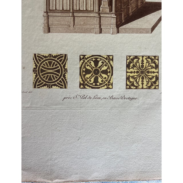 Etching of an ornate church bench in a French church. The title reads: "Siège du XVe. siècle, de l’église de Cresker, à...