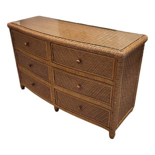 Vintage Palm Beach Regency Bowfront Wicker 6-Drawer Dresser With Glass Top For Sale