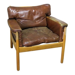 Vintage Mid Century Danish Distressed Leather Club Chair For Sale