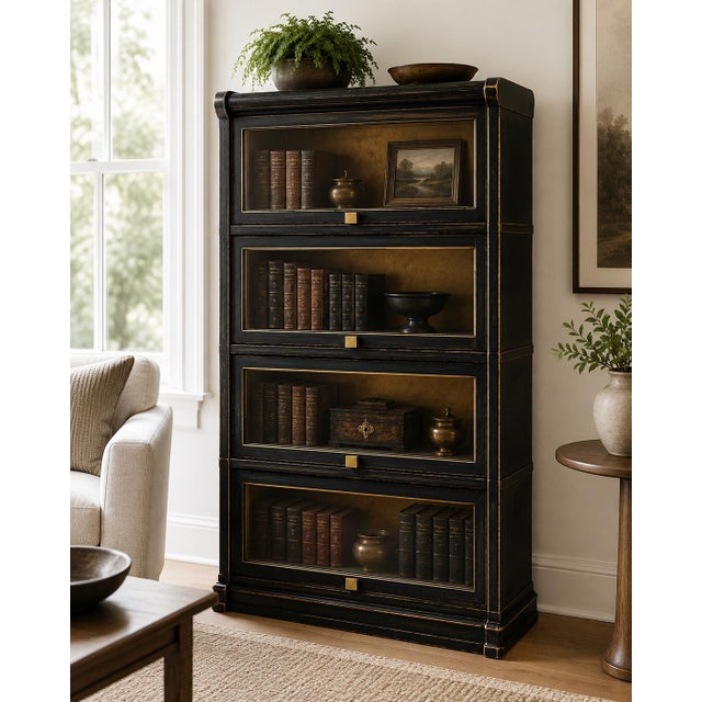 A dramatic reimagining of the classic early-20th-century barrister bookcase, this four-section architectural cabinet has...