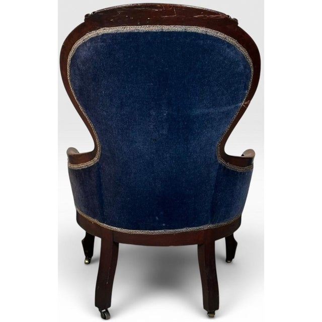 Mid 19th Century Antique Victorian Walnut Rococo Revival Navy Velvet Parlor Chair For Sale - Image 5 of 12