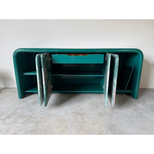 Mid-Century Modern 1980s Postmodern Green Lacquer Four-Door Sideboard / Credenza For Sale - Image 3 of 18