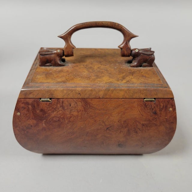 Victorian Burl Walnut Box With Carved Rabbit Handle Decorative Tea Caddy For Sale In Raleigh - Image 6 of 9