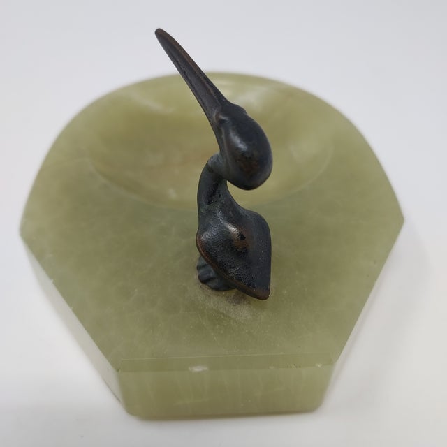 Mid 20th Century Mid 20th Century Onyx Trinket Holder With Bronze Pelican Figure Green Stone For Sale - Image 5 of 7