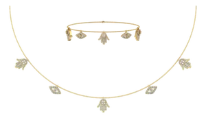 14K Yellow Gold Hamsa Hand Evil Eye Necklace Bracelet Set 1-1/4 Cttw