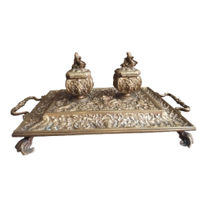 Vintage Lion Brass Double Inkwell Pedestal Footed Hinged Ornate