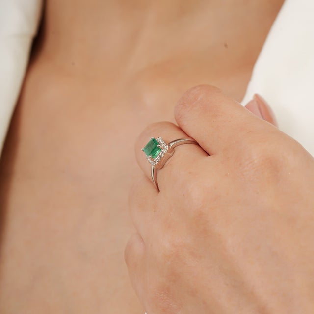Modern Inspired 0.56 Carat Emerald Diamond Halo Statement Ring, Size 6.5 For Sale - Image 4 of 11