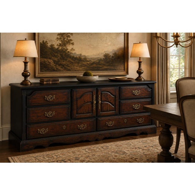 Commanding in scale and exceptionally substantial in construction, this monumental vintage Mediterranean Revival dresser...