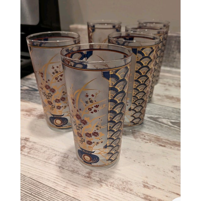 Mid-Century Modern 1960s Culver Imari Style High Ball Blue and Gold Glasses Signed - Set of Six For Sale - Image 3 of 3