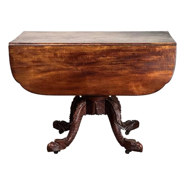 Antique American Empire Drop Leaf Table With Great Eagle Carved Feet C. 1840 For Sale