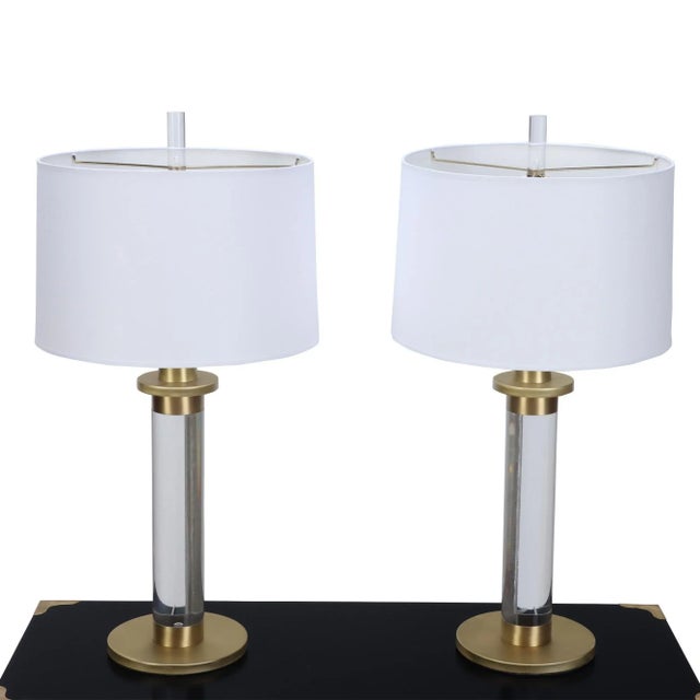 A Pair of 1950s Lucite and Brass Column Table Lamps For Sale - Image 11 of 11