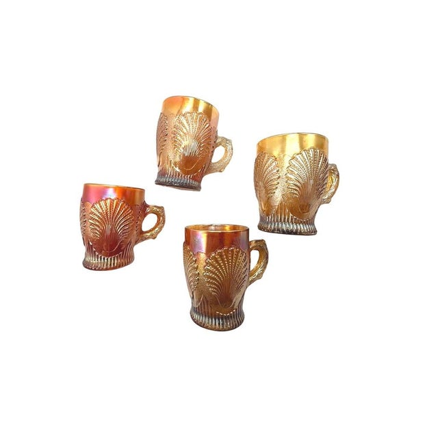 Glass 1910s Dugan Diamond Beaded Shell Carnival Marigold Glass Mugs W/ Handles - Set of 4 For Sale - Image 7 of 7