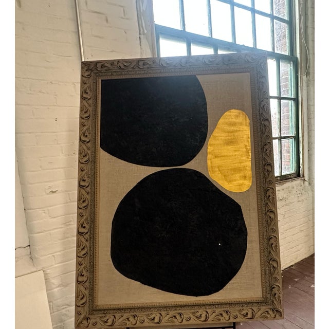 Gold and Carbon Painting on Spanish Linen Minimalist Painting, Vintage Framed For Sale - Image 4 of 5