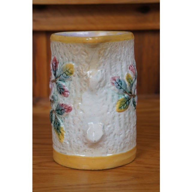 19th Century Antique Majolica Shorter & Boulton Rustic Wild Rose Tree Bark Pitcher Jug For Sale - Image 5 of 11