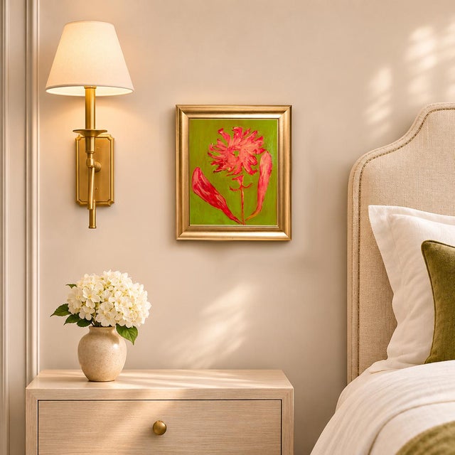 Pink Flower Painting, Original 11x14 Oil and Acrylic, Gold Hot Pink Floral on Olive Green, Modern Botanical Art, Framed...