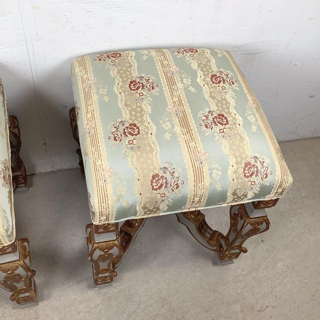 Wood Pair of Vintage Louis XVI–Style Upholstered Footstools With Gilt Carved Bases For Sale - Image 7 of 12