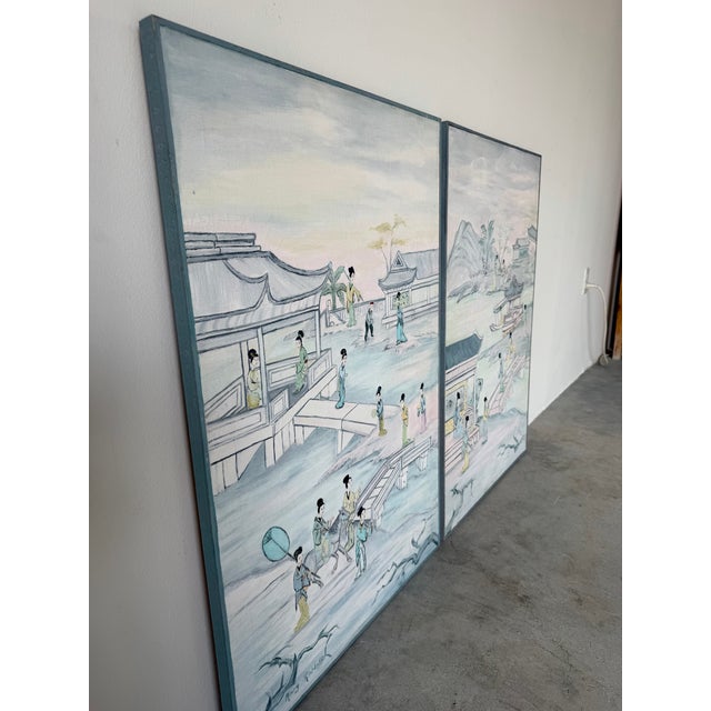 1970’s Mary Rohloff Figurative Asian Landscape Scene Acrylic on Canvas Paintings – A Pair For Sale - Image 9 of 12