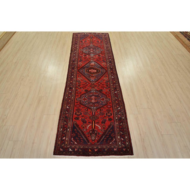 Cabin Zanjan Runner 3’4” X 10′ Red Wool Vintage Tribal Hand-Knotted Oriental Rug For Sale - Image 3 of 15