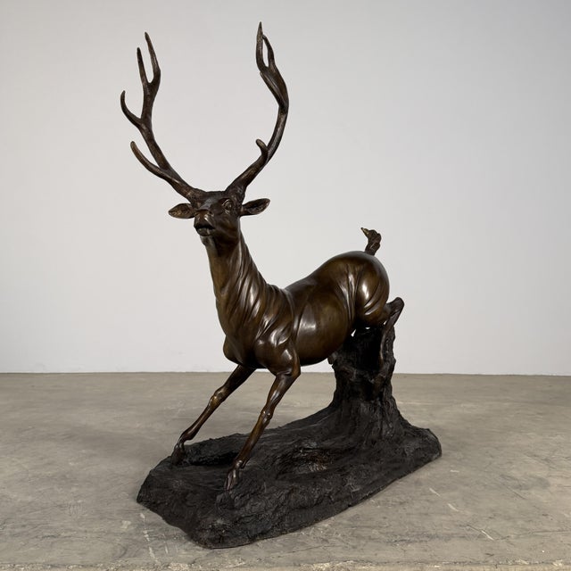 Large Bronze Stag Sculpture – Leaping Deer on Log Base, 36” H Wildlife Art For Sale In Dallas - Image 6 of 13