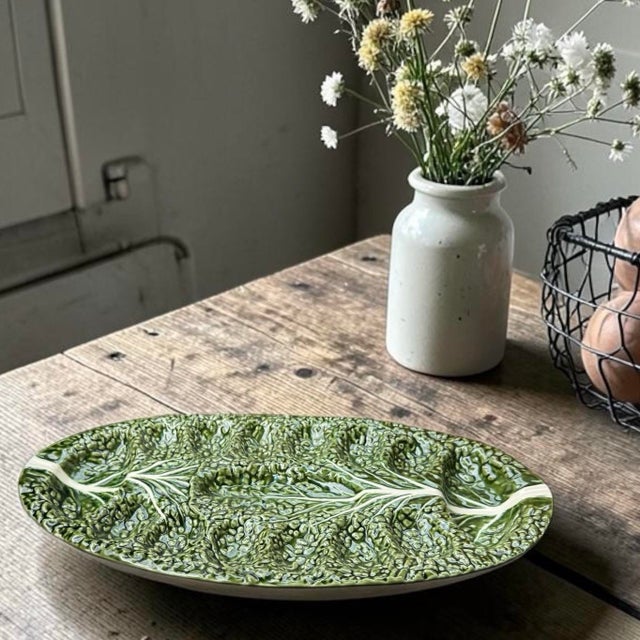 Mid 20th Century Olfaire Portugal Majolica Oval Platter Cabbage Leaf Deviled Egg/Oyster Plate Uncommon Mold 7090 For Sale - Image 9 of 10