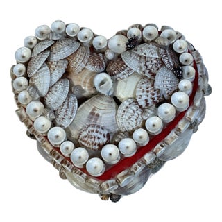 Antique Sea Shell Sailors Valentines Heart Shape Ring Box For Sale