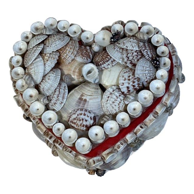Antique Sea Shell Sailors Valentines Heart Shape Ring Box For Sale