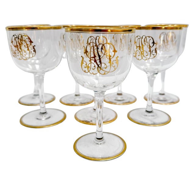 Vintage Hollywood Regency Gold Monogrammed Crystal Wine Glasses - Set of 8 For Sale - Image 4 of 5