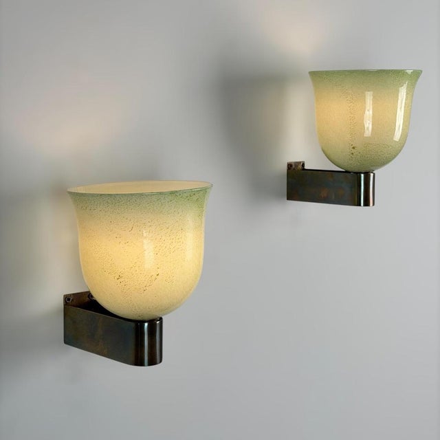 1940s Green and Gilt Murano Glass Sconces by Tomaso Buzzi for Venini, 1940s, Set of 2 For Sale - Image 5 of 18