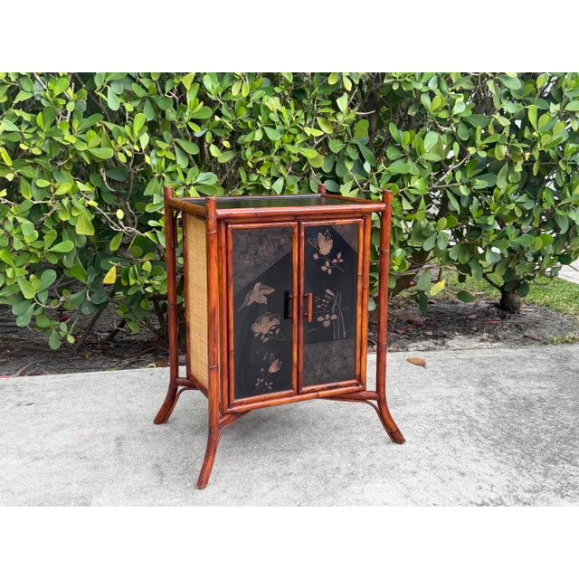 Contemporary Vintage Palecek Hand-Painted Bamboo Accent Cabinet With Grasscloth Panels For Sale - Image 3 of 13