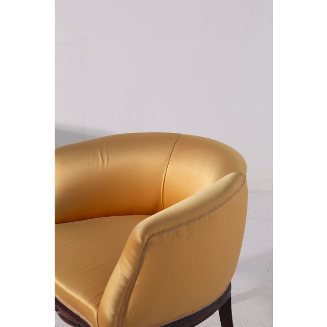 1950s Vintage Bucket Chairs in Yellow Satin Fabric with Ottoman, 1950, Set of 3 For Sale - Image 5 of 11