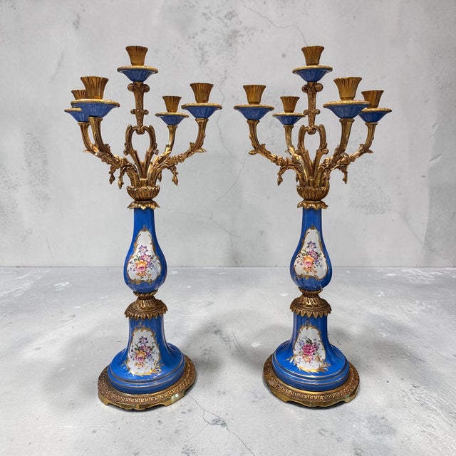 French Pair of Vintage French Hand-Painted Cobalt Blue Porcelain & Gilt Metal Five-Light Candelabra For Sale - Image 3 of 10