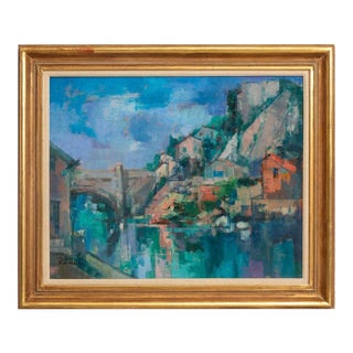 Signed and Framed Oil on Canvas Bridge View For Sale