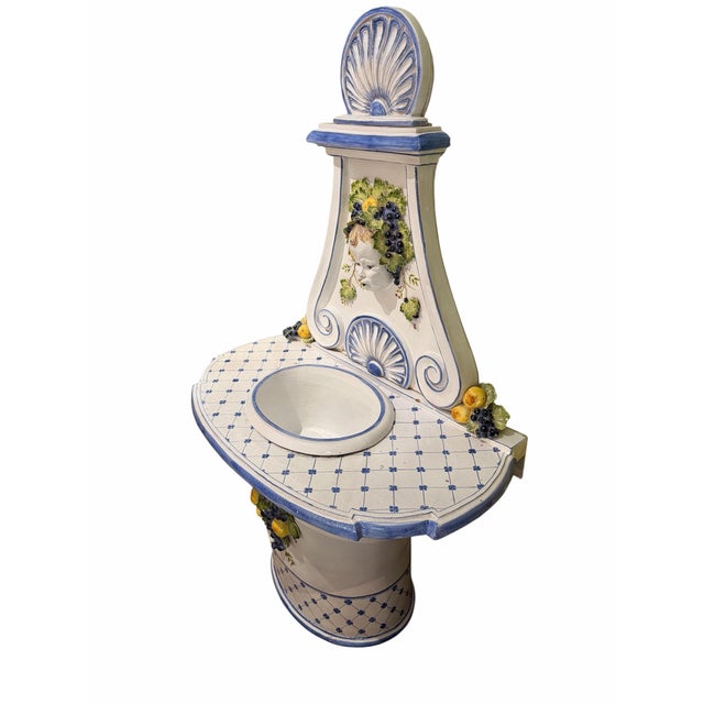 Majolica Vintage Italian Majolica Ceramic Three-Piece Cherub Wall Fountain & Pedestal Sink Set For Sale - Image 4 of 9
