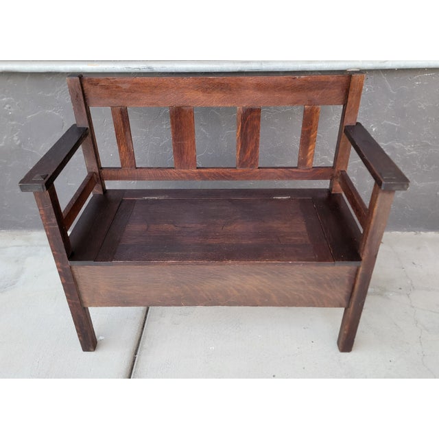 1910s Antique Hall Bench Mission Oak by Lifetime Furniture. Circa. 1910 For Sale - Image 5 of 18